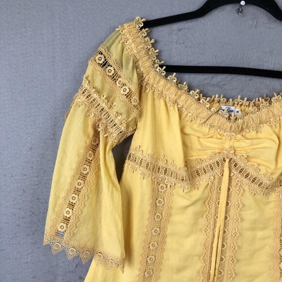Charo Ruiz Ibiza Top Womens M Yellow Lace Boho Bell Sleeve Babydoll Milkmaid - Picture 12 of 16